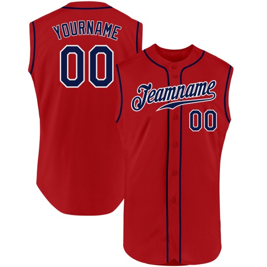 Maillot de baseball personnalisé authentique rouge bleu marine-blanc sans manches