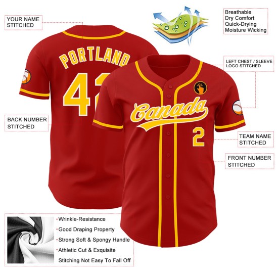 Maillot de baseball rouge personnalisé or-blanc authentique Maillot de baseball rouge personnalisé or-blanc authentique