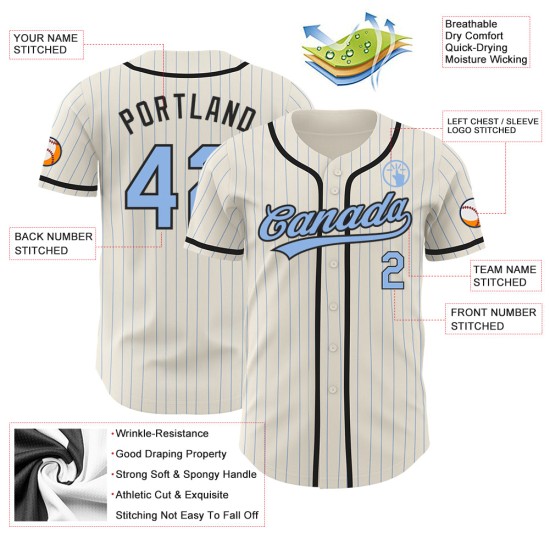 Maillot de baseball authentique crème, noir, rayures fines, bleu clair, personnalisé Maillot de baseball authentique crème, noir, rayures fines, bleu clair, personnalisé