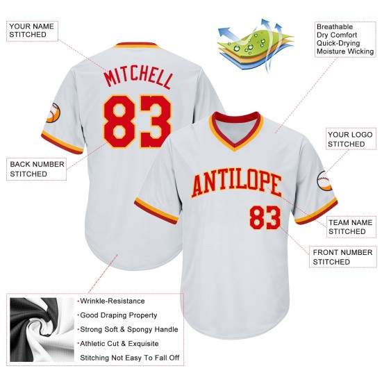 Maillot de baseball personnalisé authentique en tricot côtelé blanc, rouge et or Maillot de baseball personnalisé authentique en tricot côtelé blanc, rouge et or