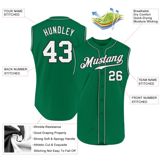 Maillot de baseball sans manches Kelly Authentic blanc-noir personnalisé vert Maillot de baseball sans manches Kelly Authentic blanc-noir personnalisé vert