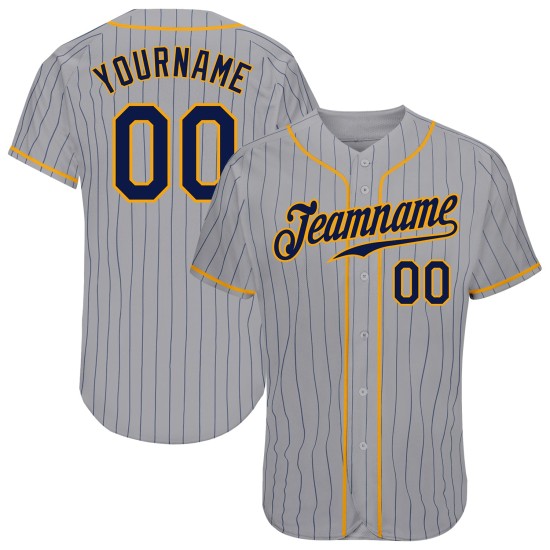 Maillot de baseball authentique à rayures fines bleu marine, bleu marine et gris doré, personnalisé Maillot de baseball authentique à rayures fines bleu marine, bleu marine et gris doré, personnalisé