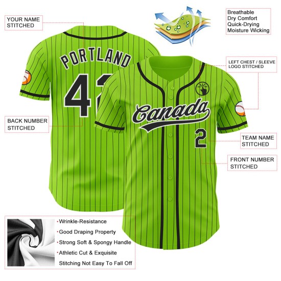 Maillot de baseball noir authentique à rayures blanches, personnalisé, vert fluo Maillot de baseball noir authentique à rayures blanches, personnalisé, vert fluo