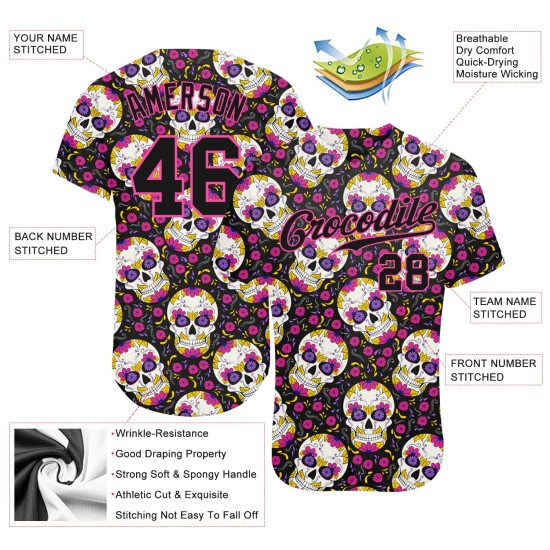 Maillot de baseball à motif floral 3D d'Halloween authentique avec têtes de mort personnalisées Maillot de baseball à motif floral 3D d'Halloween authentique avec têtes de mort personnalisées