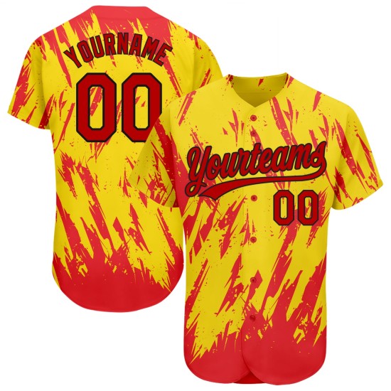 Maillot de baseball authentique, motif personnalisé, design 3D doré, rouge et noir Maillot de baseball authentique, motif personnalisé, design 3D doré, rouge et noir