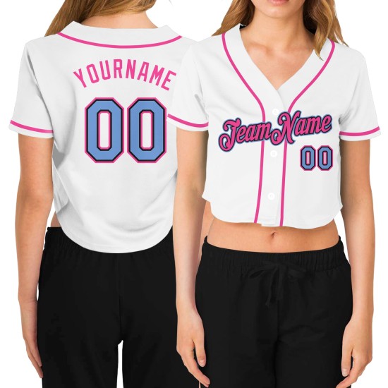 Maillot de baseball court bleu clair blanc pour femme, col en V, noir et rose Maillot de baseball court bleu clair blanc pour femme, col en V, noir et rose