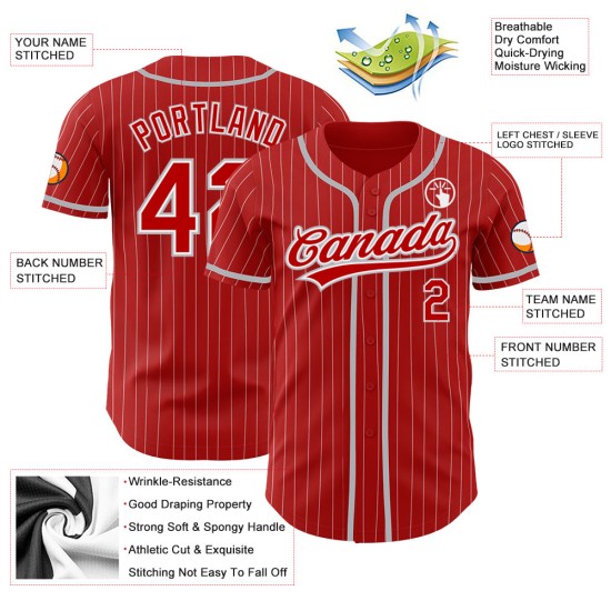 Maillot de baseball à rayures fines rouge gris blanc personnalisé authentique Maillot de baseball à rayures fines rouge gris blanc personnalisé authentique