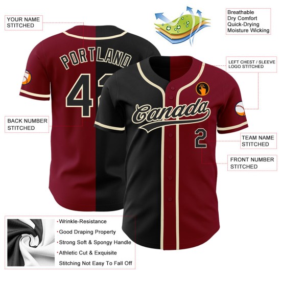 Maillot de baseball Split Fashion Crimson noir-crème personnalisé authentique Maillot de baseball Split Fashion Crimson noir-crème personnalisé authentique