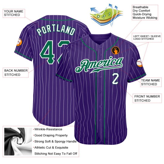 Maillot de baseball personnalisé authentique à rayures vertes et blanches, blanc et violet Kelly Maillot de baseball personnalisé authentique à rayures vertes et blanches, blanc et violet Kelly