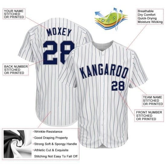 Maillot de baseball personnalisé à rayures fines blanc bleu marine-gris authentique bleu marine Maillot de baseball personnalisé à rayures fines blanc bleu marine-gris authentique bleu marine