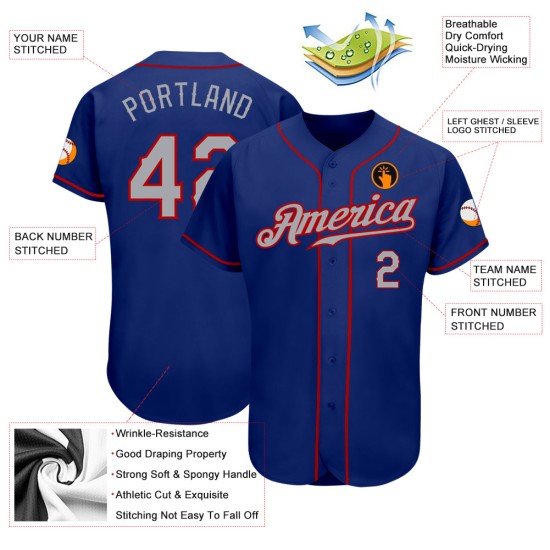 Maillot de baseball Royal Authentic Custom Gris-Rouge Maillot de baseball Royal Authentic Custom Gris-Rouge