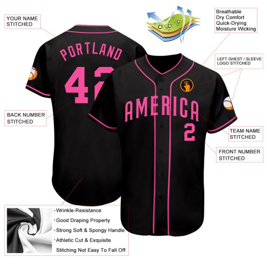 Maillot de baseball rose authentique et personnalisé noir