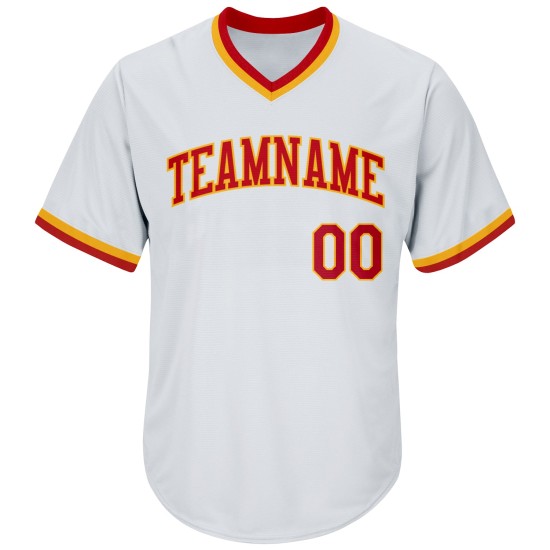 Maillot de baseball personnalisé authentique en tricot côtelé blanc, rouge et or Maillot de baseball personnalisé authentique en tricot côtelé blanc, rouge et or