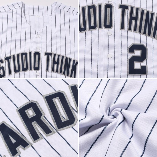 Maillot de baseball personnalisé à rayures fines blanc bleu marine-gris authentique bleu marine Maillot de baseball personnalisé à rayures fines blanc bleu marine-gris authentique bleu marine