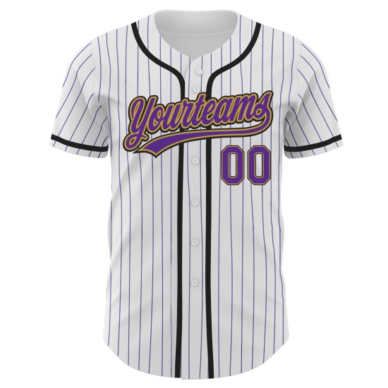 Maillot de baseball personnalisé Old Purple authentique à rayures dorées et noires, violet et blanc Maillot de baseball personnalisé Old Purple authentique à rayures dorées et noires, violet et blanc