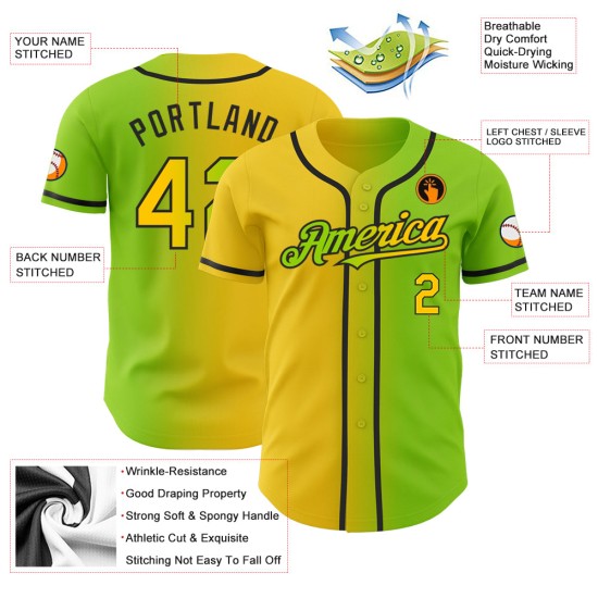 Maillot de baseball authentique, dégradé de jaune fluo et de vert, personnalisé, à la mode Maillot de baseball authentique, dégradé de jaune fluo et de vert, personnalisé, à la mode