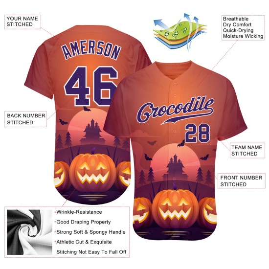 Maillot de baseball personnalisé 3D authentique, motif citrouilles d'Halloween horreur Maillot de baseball personnalisé 3D authentique, motif citrouilles d'Halloween horreur