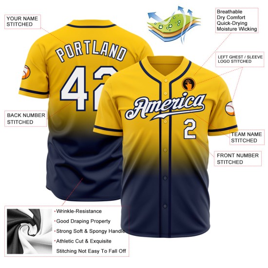 Maillot de baseball authentique blanc-bleu marine, jaune, personnalisé, à la mode Maillot de baseball authentique blanc-bleu marine, jaune, personnalisé, à la mode