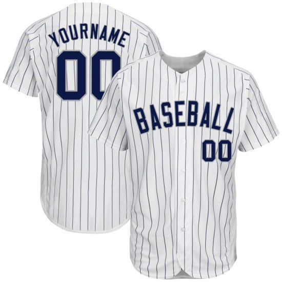 Maillot de baseball personnalisé à rayures fines blanc bleu marine-gris authentique bleu marine Maillot de baseball personnalisé à rayures fines blanc bleu marine-gris authentique bleu marine
