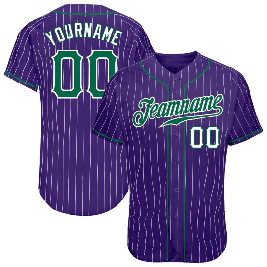 Maillot de baseball personnalisé authentique à rayures vertes et blanches, blanc et violet Kelly Maillot de baseball personnalisé authentique à rayures vertes et blanches, blanc et violet Kelly