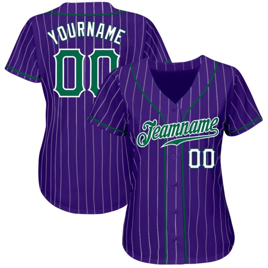 Maillot de baseball personnalisé authentique à rayures vertes et blanches, blanc et violet Kelly Maillot de baseball personnalisé authentique à rayures vertes et blanches, blanc et violet Kelly