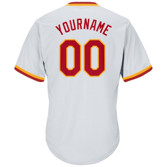 Maillot de baseball personnalisé authentique en tricot côtelé blanc, rouge et or Maillot de baseball personnalisé authentique en tricot côtelé blanc, rouge et or