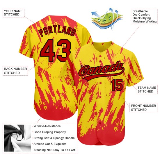 Maillot de baseball authentique, motif personnalisé, design 3D doré, rouge et noir Maillot de baseball authentique, motif personnalisé, design 3D doré, rouge et noir