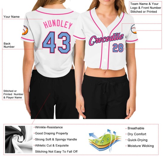 Maillot de baseball court bleu clair blanc pour femme, col en V, noir et rose Maillot de baseball court bleu clair blanc pour femme, col en V, noir et rose