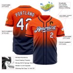 Maillot de baseball personnalisé blanc-bleu marine, mode authentique, dégradé orange Maillot de baseball personnalisé blanc-bleu marine, mode authentique, dégradé orange