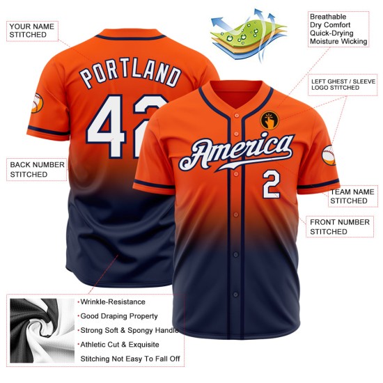 Maillot de baseball personnalisé blanc-bleu marine, mode authentique, dégradé orange Maillot de baseball personnalisé blanc-bleu marine, mode authentique, dégradé orange