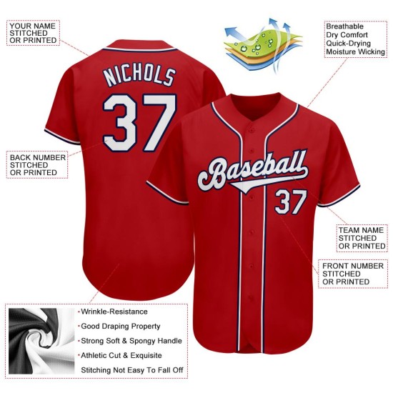 Maillot de baseball rouge authentique blanc-bleu marine personnalisé Maillot de baseball rouge authentique blanc-bleu marine personnalisé