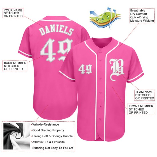 Maillot de baseball rose authentique personnalisé blanc-gris