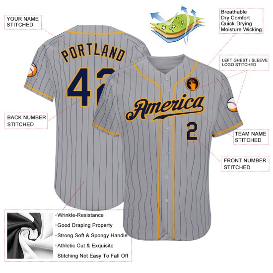 Maillot de baseball authentique à rayures fines bleu marine, bleu marine et gris doré, personnalisé Maillot de baseball authentique à rayures fines bleu marine, bleu marine et gris doré, personnalisé
