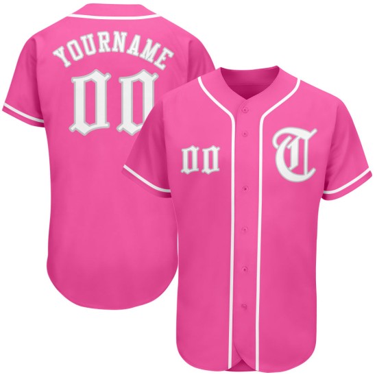 Maillot de baseball rose authentique personnalisé blanc-gris